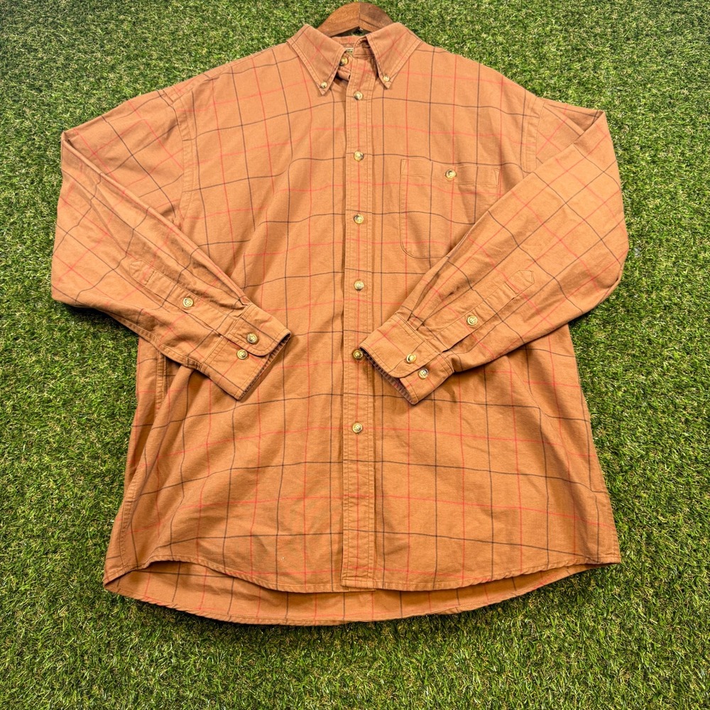 Orvis Mens L Brown Windowpane Plaid Cotton Canvas Button Down Shirt Long Sleeve